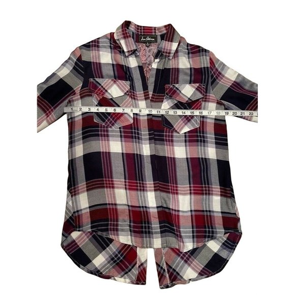 Sam Edelman Womens Riley‎ Button Front Shirt Multicolor Plaid Lace Split Back XS - Picture 10 of 11